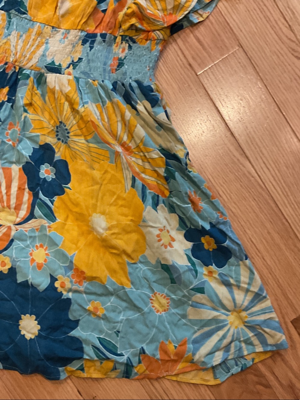 Angie Blue & Yellow Floral V-Neck Smocked Mini Dress Anthropologie Medium boho - Picture 13 of 14